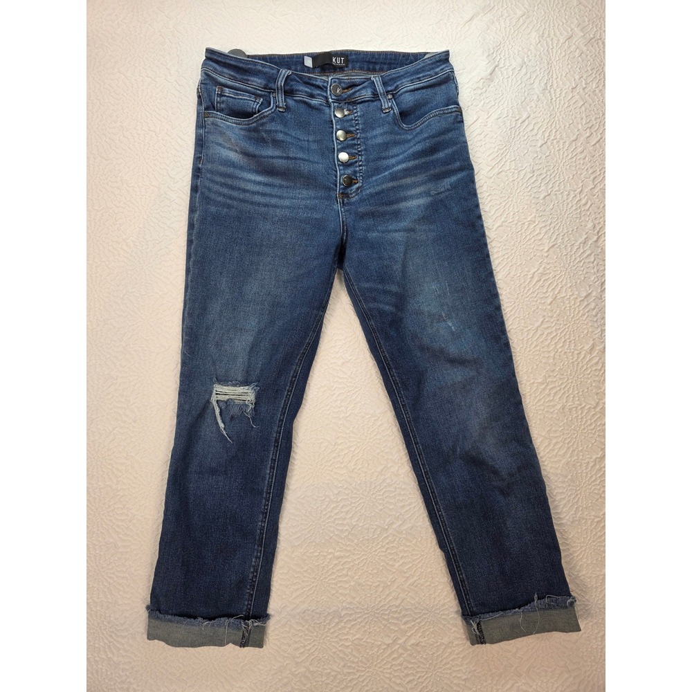 KUT from the Kloth Jeans Women 10L Blue Good Distressed Button Fly Straight Leg
